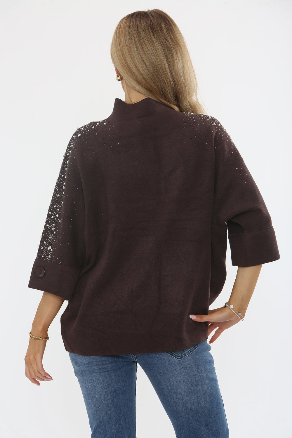 SLEEVE EMBELLISHED  KNIT TOP (15357216358784)