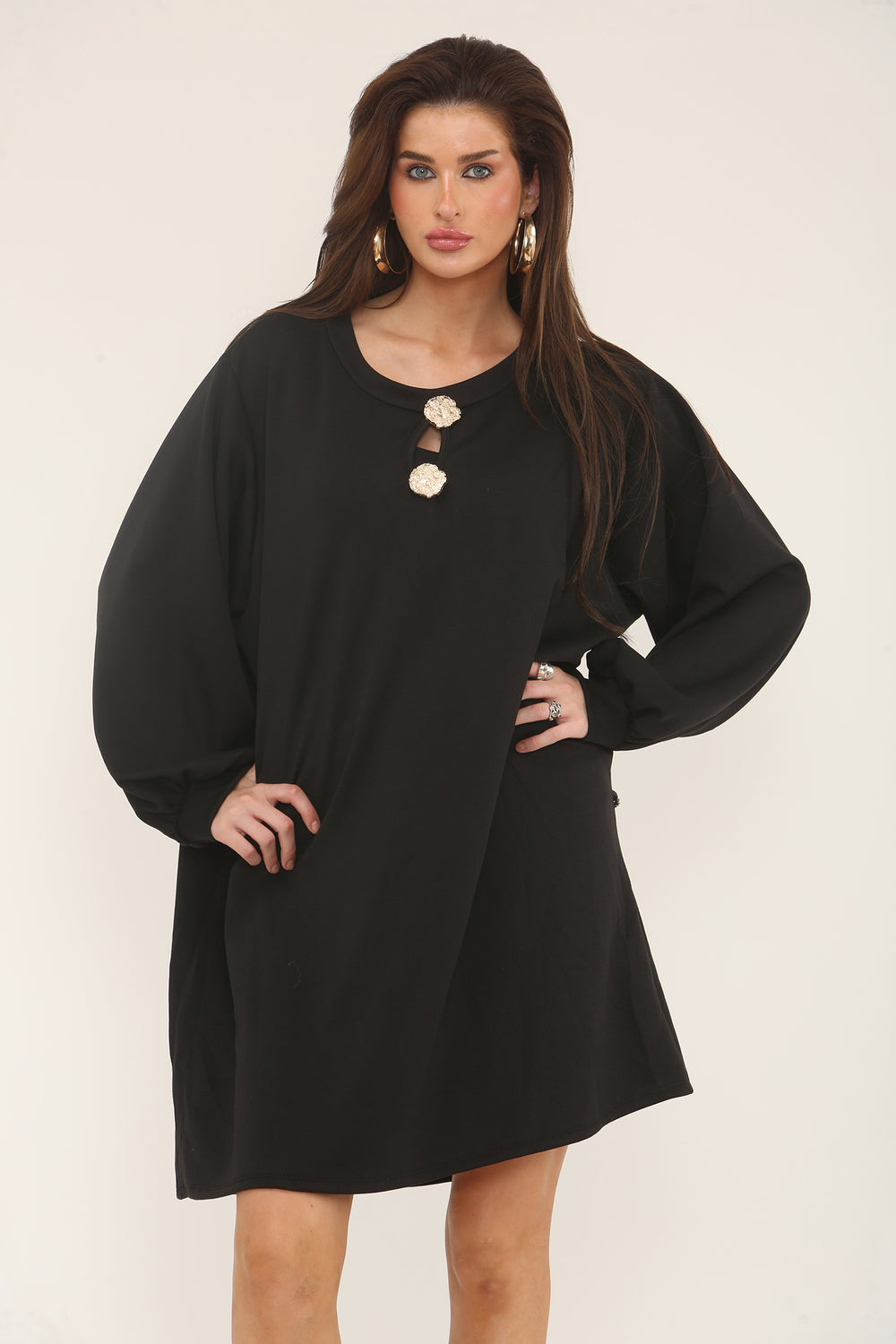 GOLD BUTTON OVERSIZED SCOOBA DRESS (15302467158400)