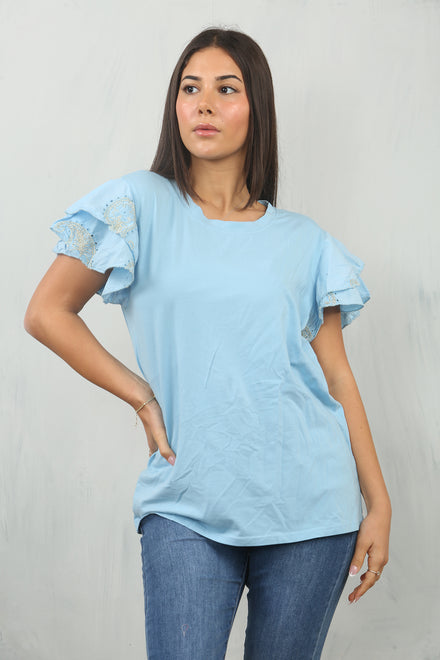 FRILL SLEEVE T-SHIRT (15137356644736)