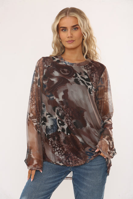GRAPHIC PRINT TULLE LONG SLEEVE TOP (15347134857600)