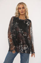 GRAPHIC PRINT TULLE LONG SLEEVE TOP (15347140460928)