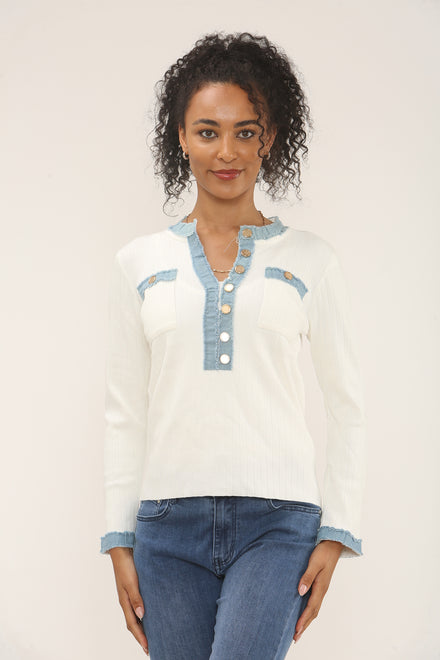 Denim Trim Long Sleeve Top (15262323638656) (15295652200832)