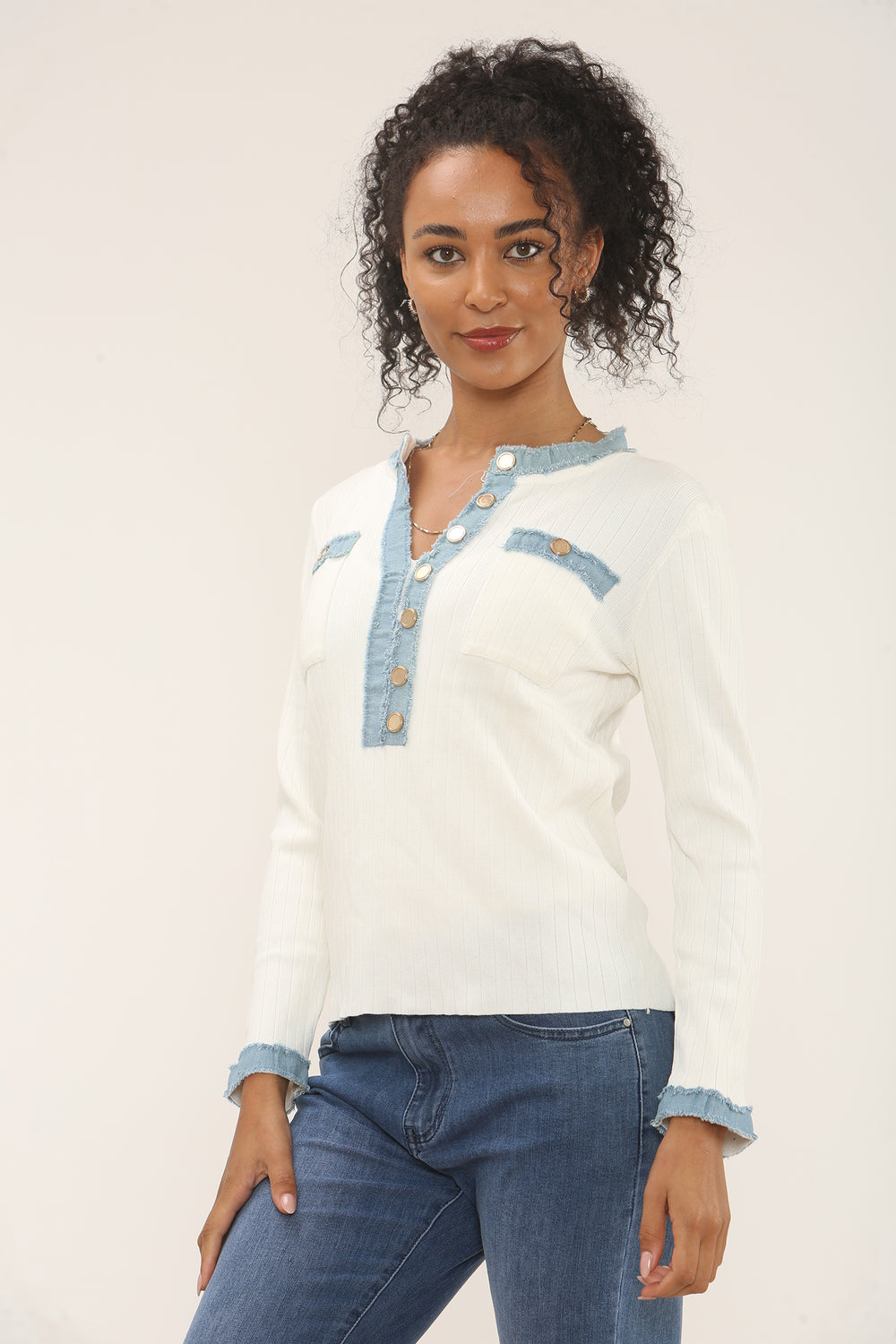 Denim Trim Long Sleeve Top (15262323638656) (15295652200832)
