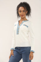 Denim Trim Long Sleeve Top (15262323638656) (15295652200832)