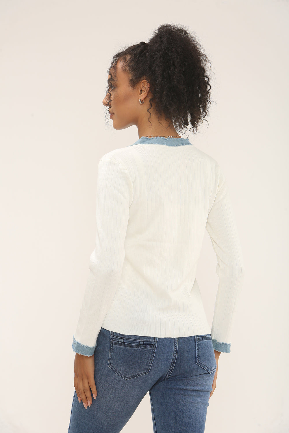 Denim Trim Long Sleeve Top (15262323638656) (15295652200832)
