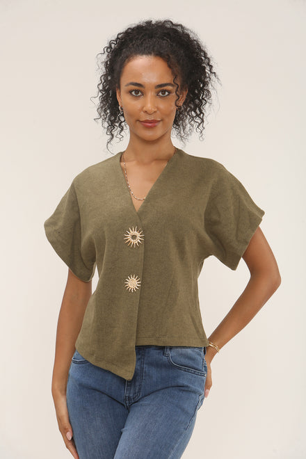 Sun gold button Asymmetric knit top (15262523031936)