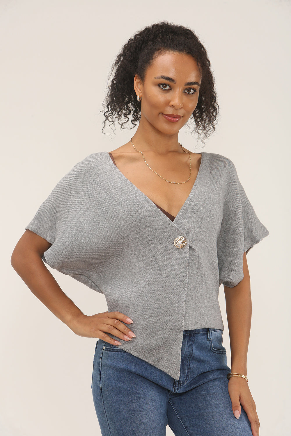 Asymmetric Button knit top (15258659783040)