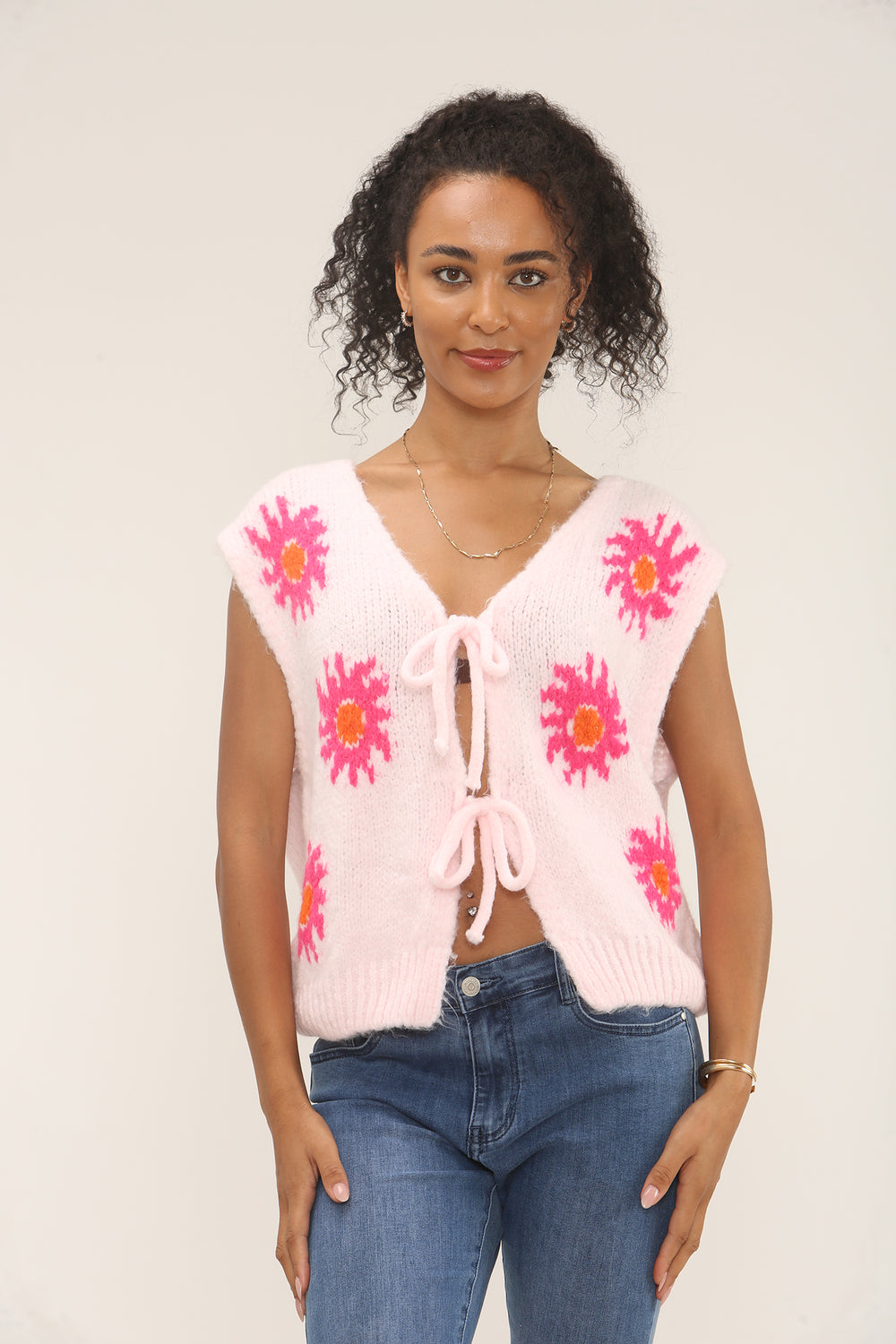 Sun Print bow knitted top (15262799069568)