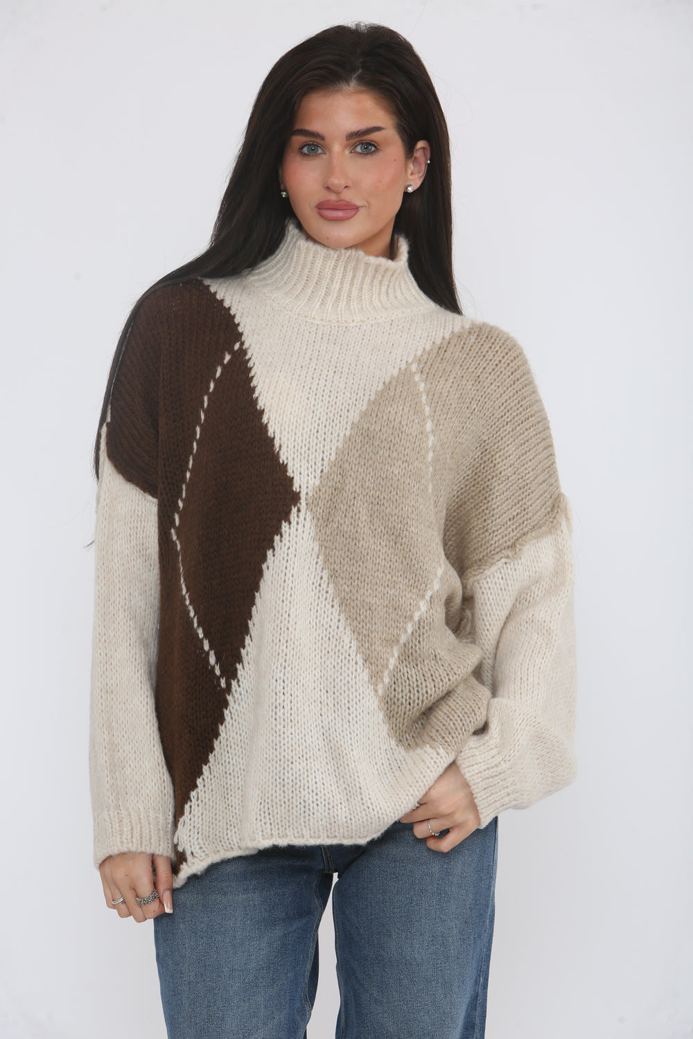 OVERSIZED CHECK HIGH NECK KNIT JUMPER