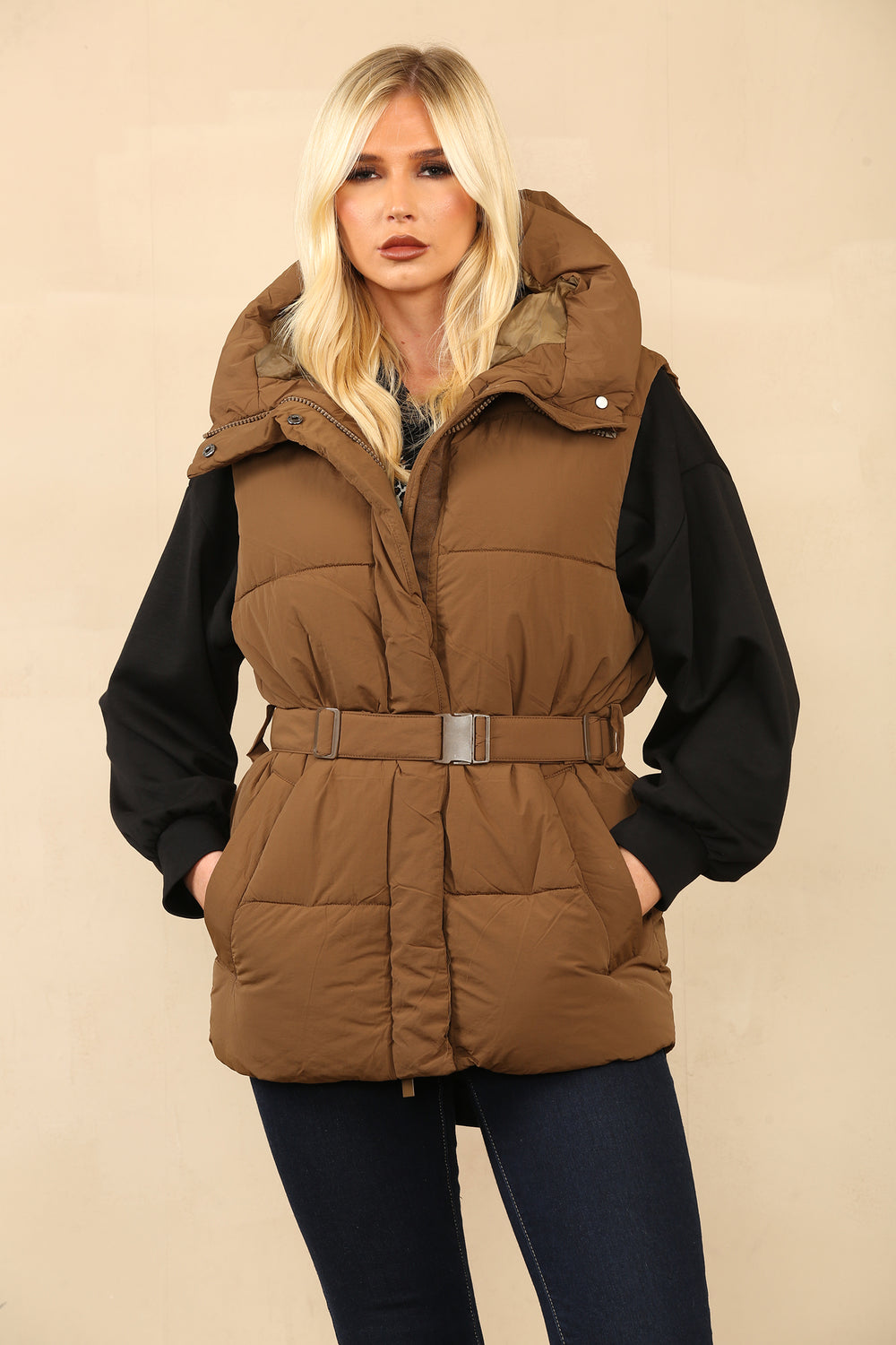 BELTED PUFFER SHORT WAIST COAT NN FASHION