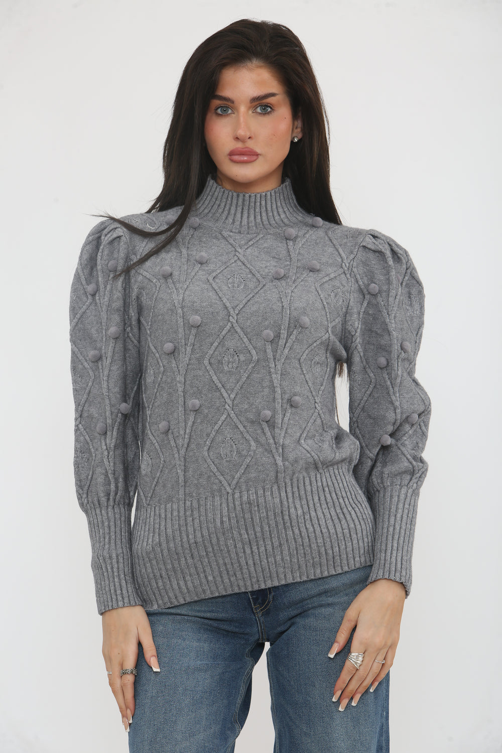 CABLE KNIT PUFF SLEEVE JUMPER