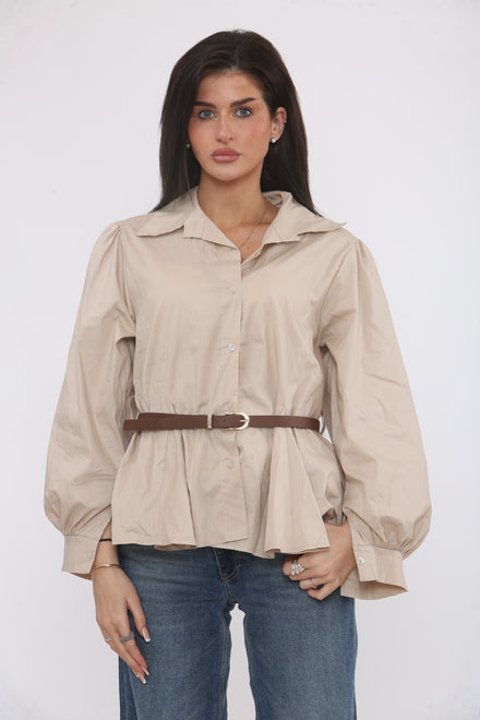 BELTED  BALLOON SLEEVE SHIRT