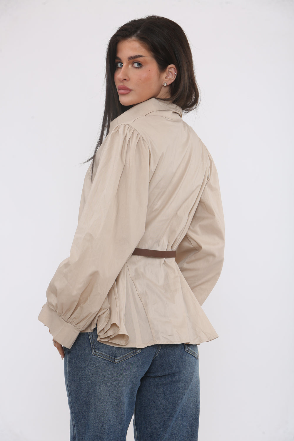 BELTED  BALLOON SLEEVE SHIRT