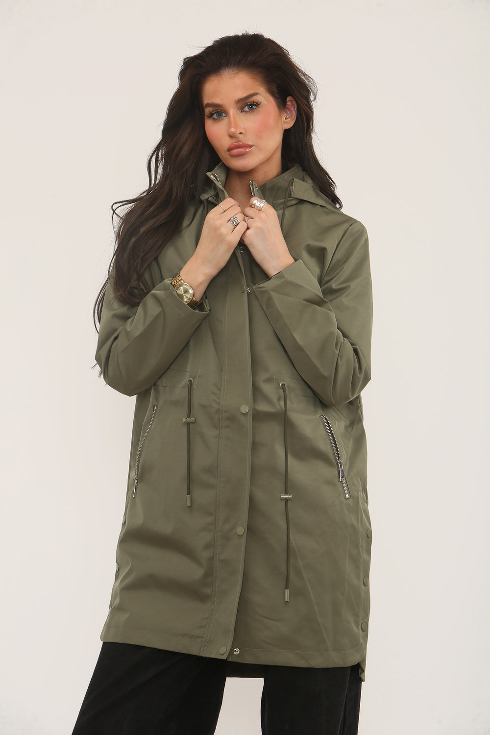 PULL STRING SIDE BUTTON DETAIL RAIN JACKET (15313786601856) (15340901564800)