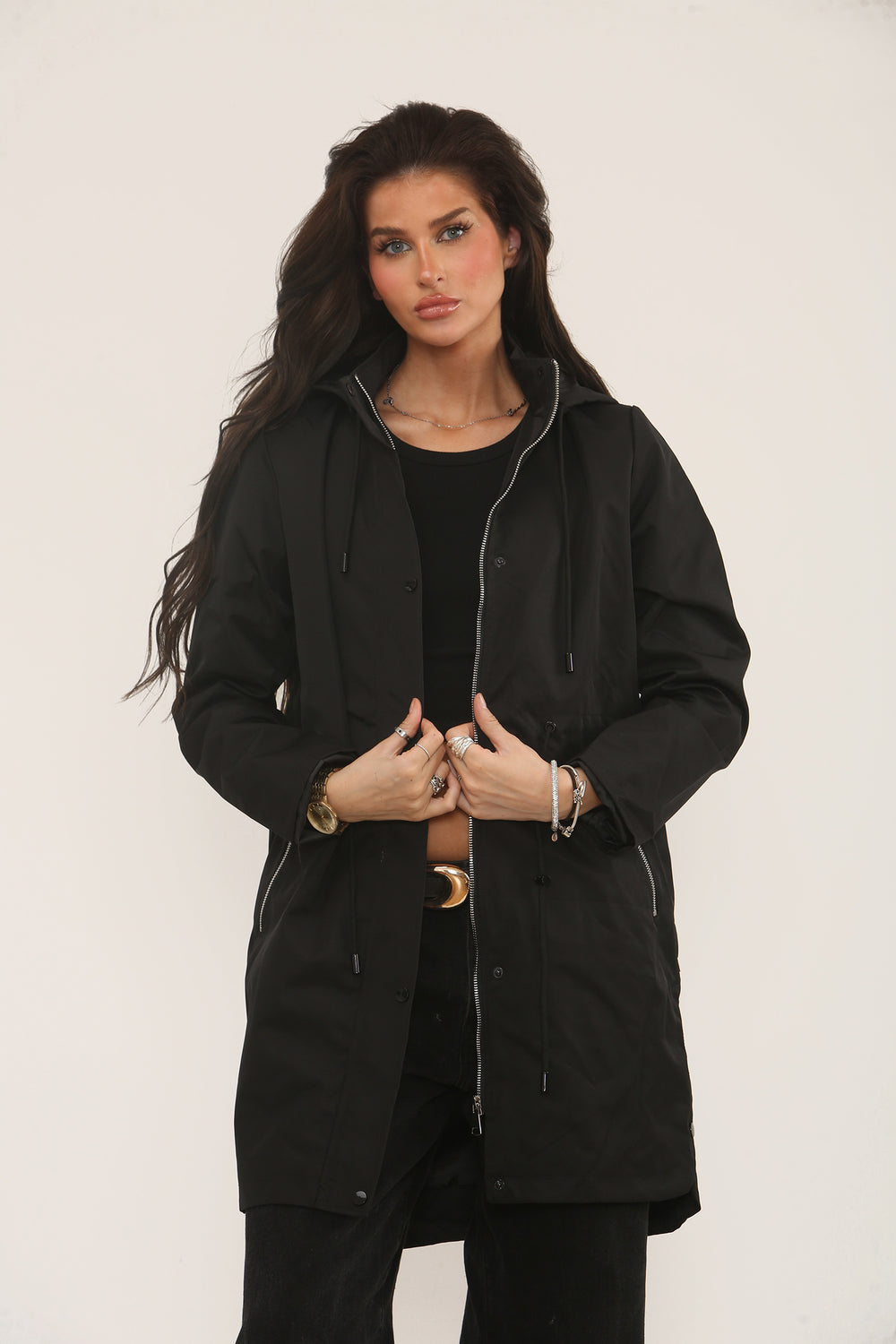 PULL STRING SIDE BUTTON DETAIL RAIN JACKET (15313789321600)