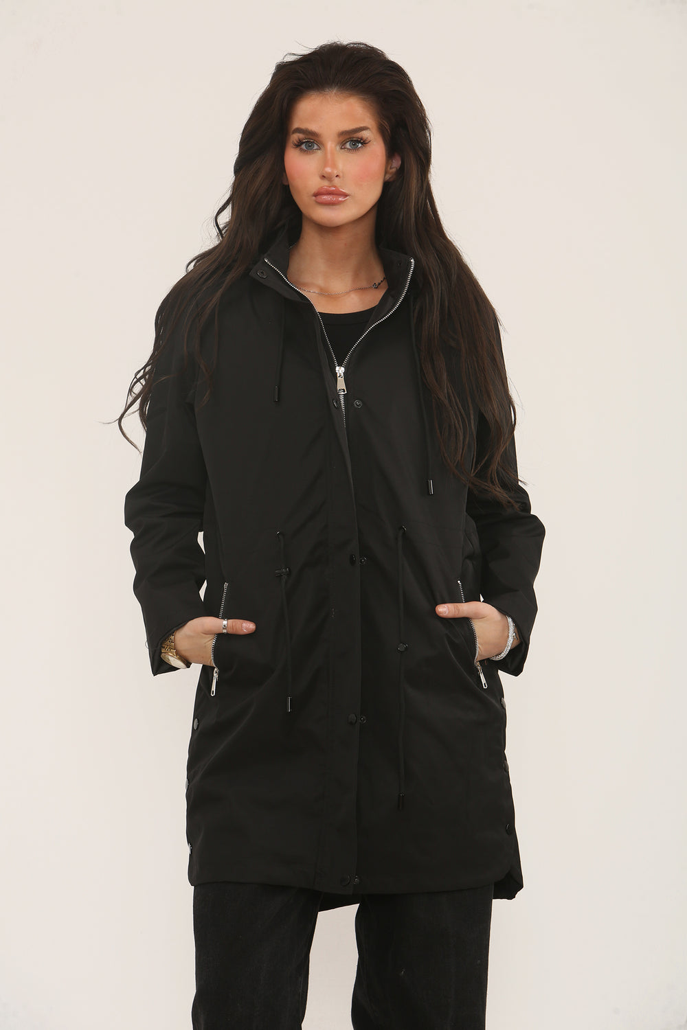PULL STRING SIDE BUTTON DETAIL RAIN JACKET (15313789321600)
