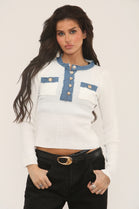 GOLD BUTTON DENIM TEXTURED KNIT TOP (15313779982720)