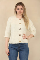 SHORT SLEEVE GOLD BUTTON KNIT CARDIGAN (15081660055936) (15090266308992)