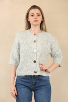 SHORT SLEEVE GOLD BUTTON KNIT CARDIGAN (15081663791488)