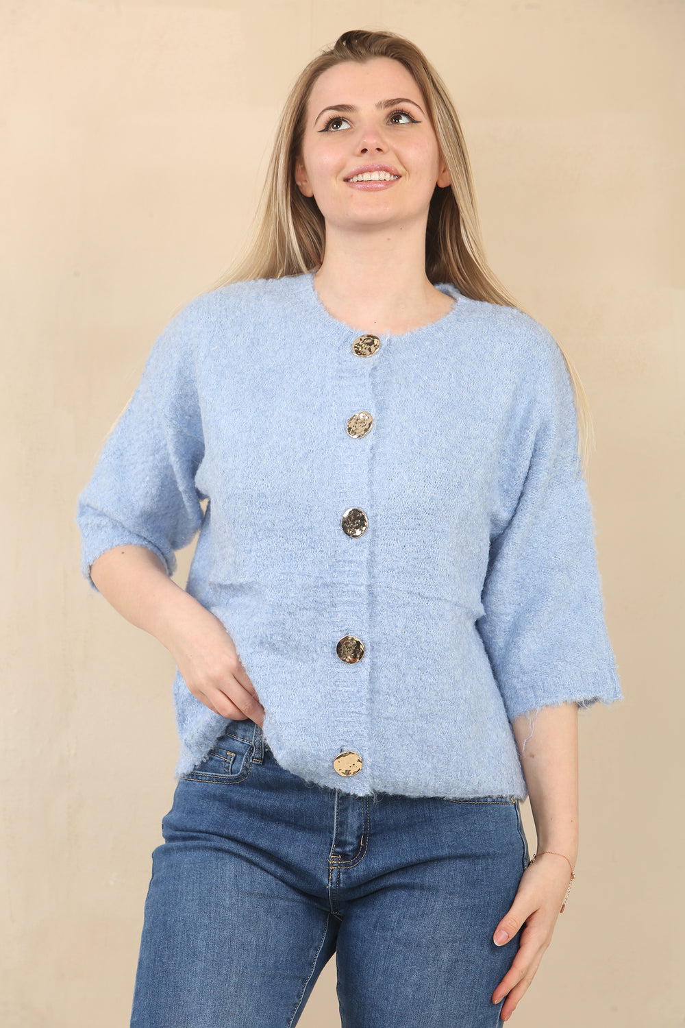 SHORT SLEEVE GOLD BUTTON KNIT CARDIGAN (15081664807296)