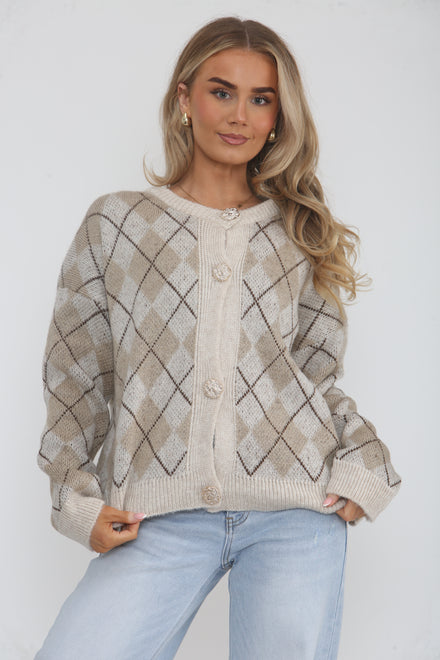 ARGYLE PRINT GOLD BUTTON CARDIGAN