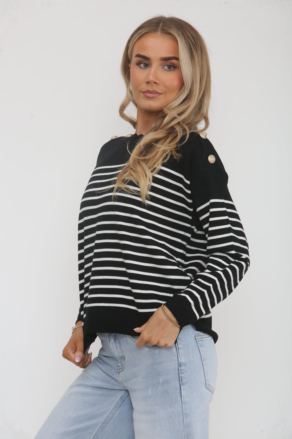 SHOULDER GOLD BUTTON STRIPE JUMPER
