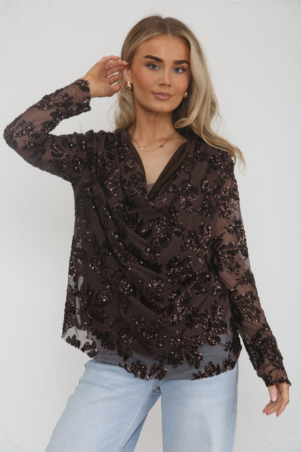 DRAPE SEQUIN LEAF PRINT TOP