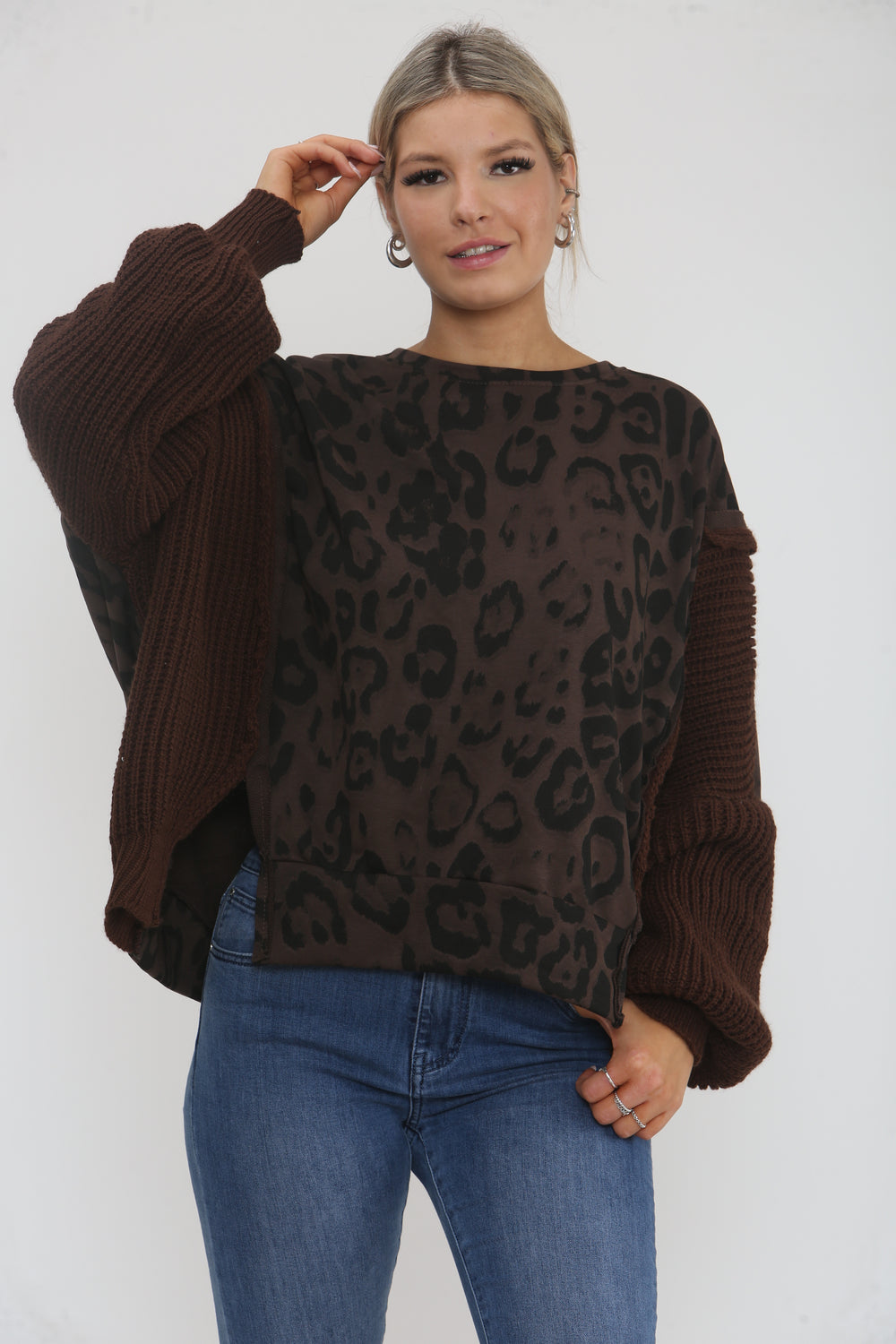 LEOPARD KNITTED SLEEVE SWEAT