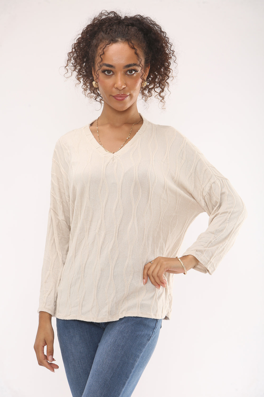 CABLE PATTERN V-NECK JUMPER (15329486274944)