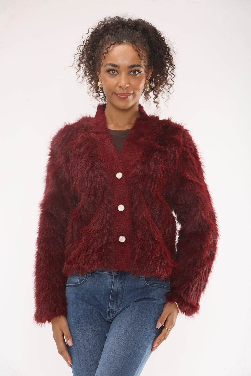 FAUX FURR BUTTON DETAIL CARDIGAN (15330369110400) (15358092247424)