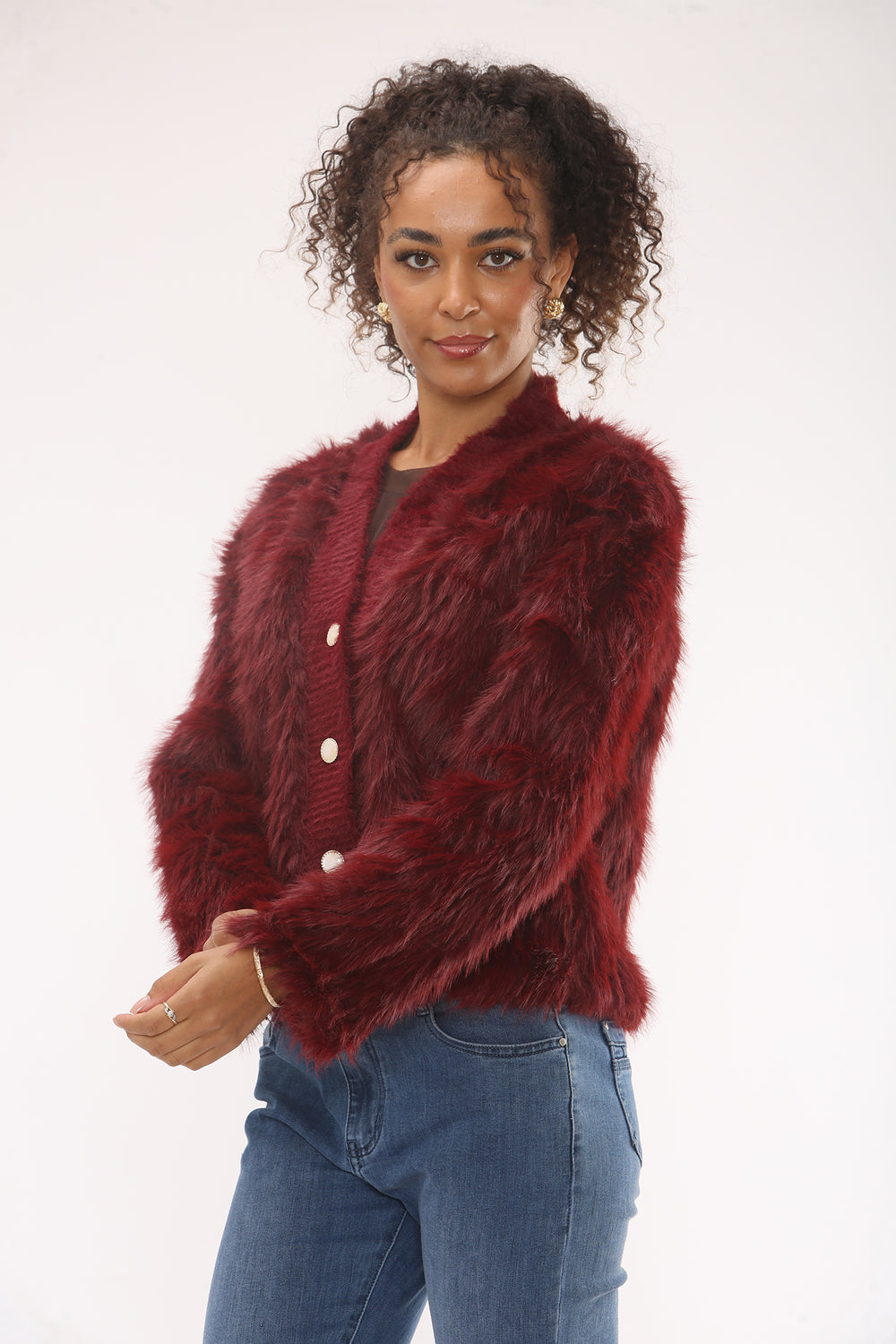 FAUX FURR BUTTON DETAIL CARDIGAN (15330369110400) (15358092247424)