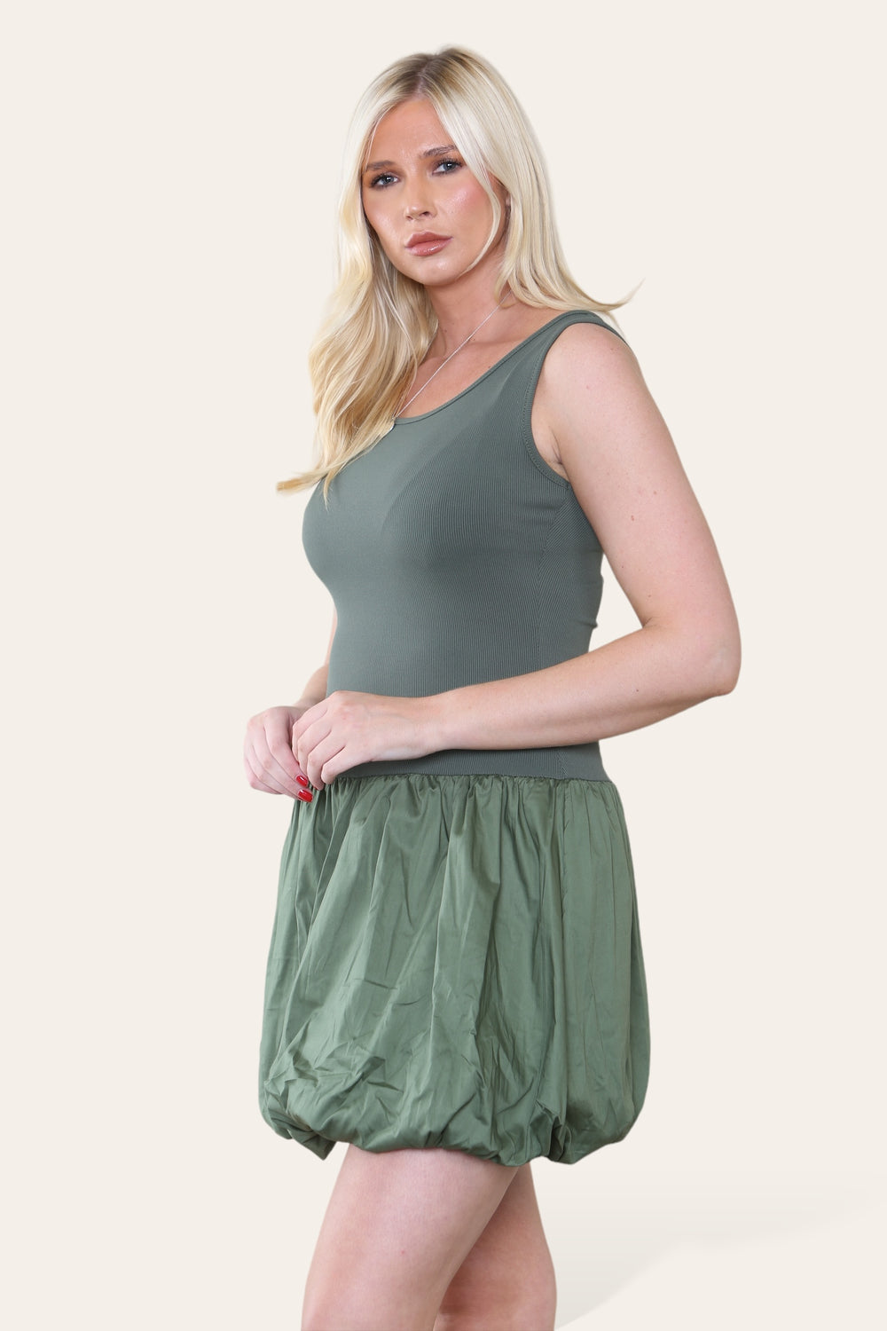 PUFF DETAIL RIB VEST MINI DRESS (8652667584760)