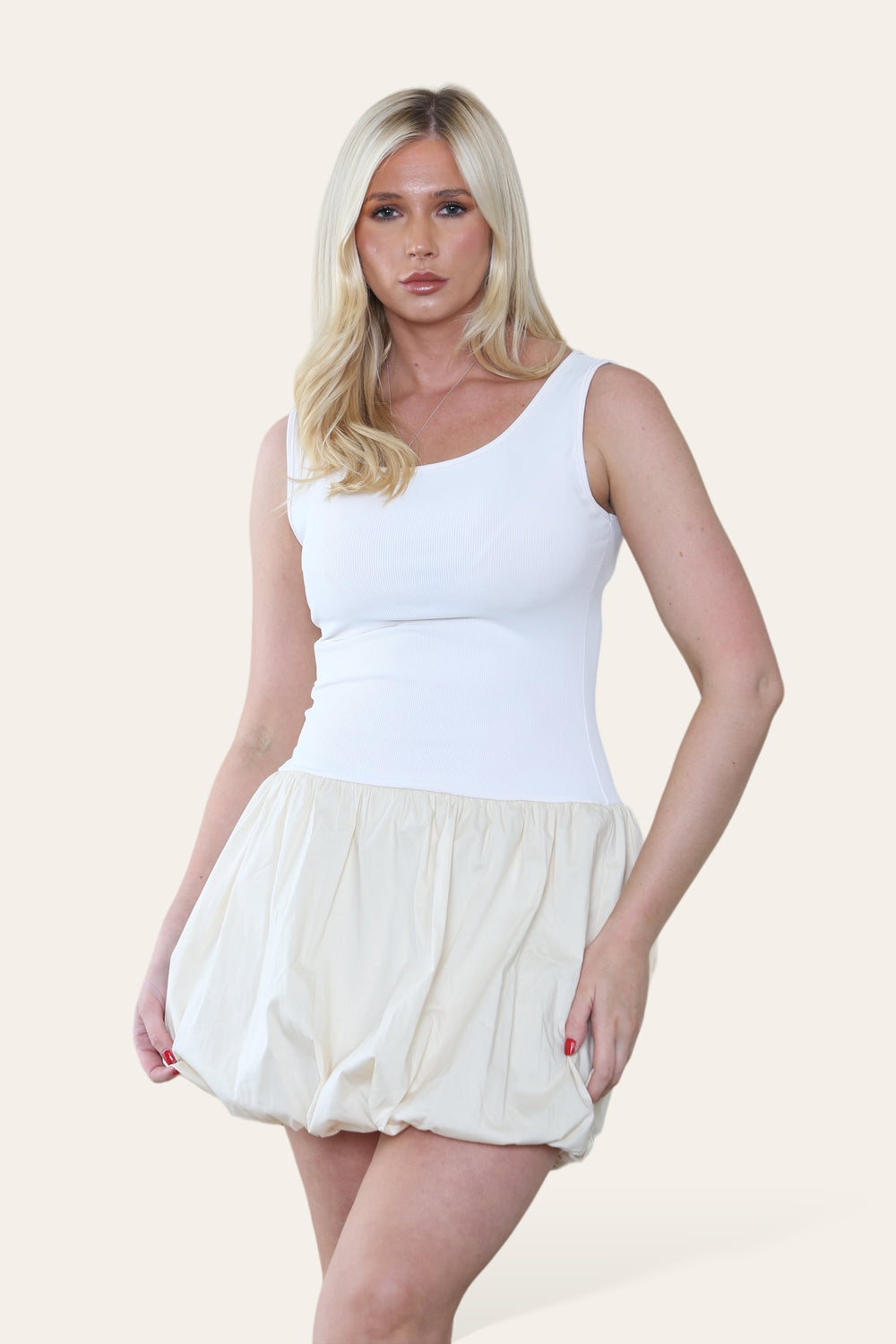 PUFF DETAIL RIB VEST MINI DRESS (8652658114808)