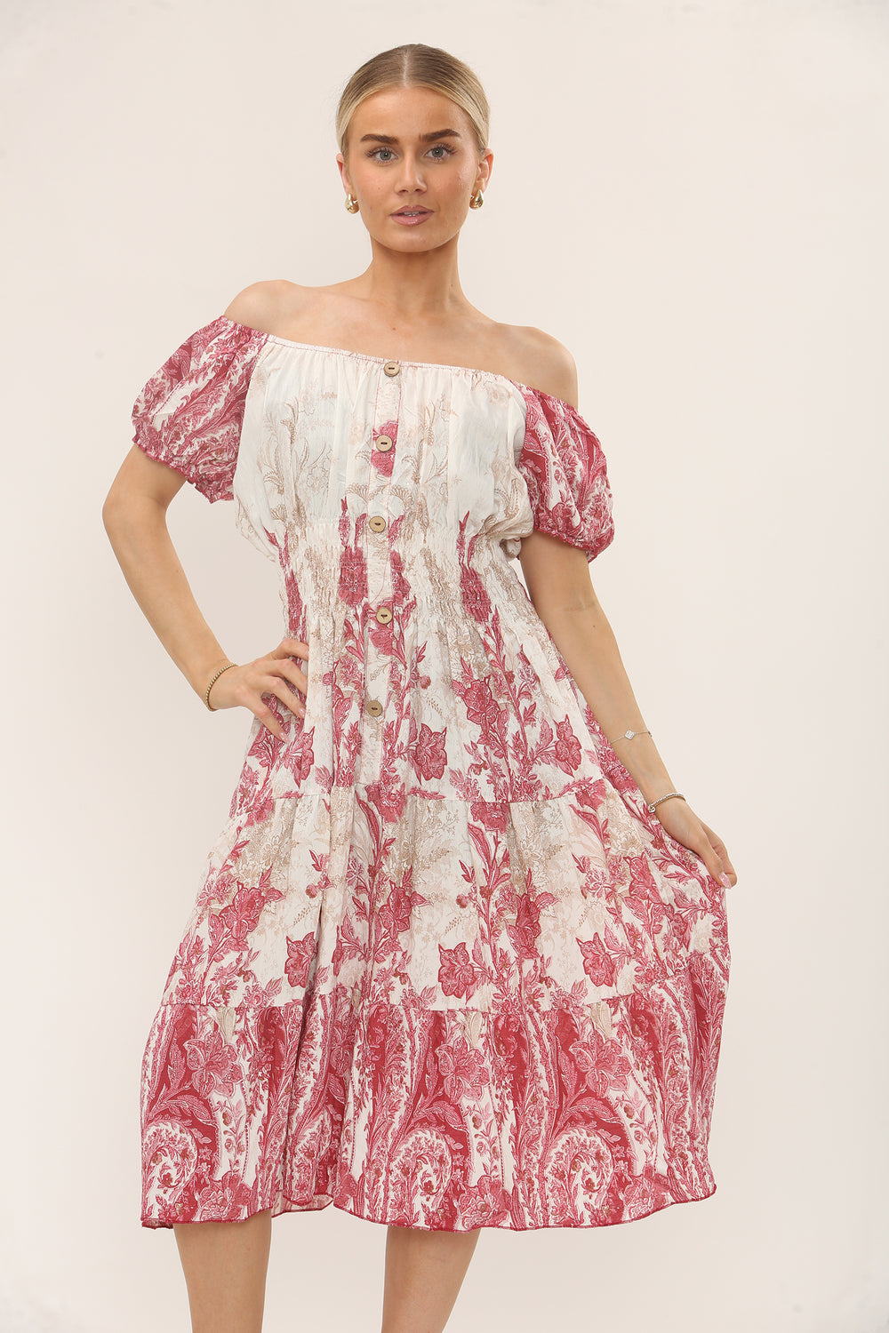 OFF SHOULDER BUTTON DRESS (MIXED COLOUR PACK) (15216937501056)