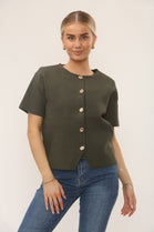 CAP SLEEVE GOLD BUTTON KNIT TOP (15220988215680)
