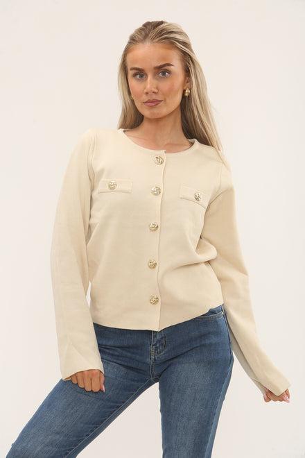 CREW NECK GOLD BUTTON KNITTED CARDIGAN (15225012912512)