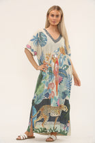 GLITTER V-NECK TROPICAL PRINT DRESS (15225068159360)