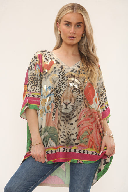 OVERSIZED PRINTED  GLITTER V-NECK  TOP (15247252488576) (15250228085120)