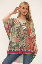 OVERSIZED PRINTED  GLITTER V-NECK  TOP (15247252488576) (15250228085120)