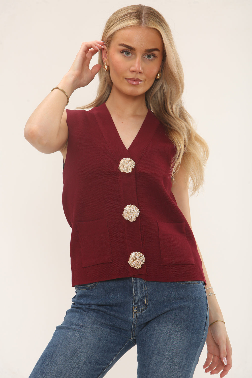POCKET DETAIL GOLD BUTTON KNIT VEST (15247272313216) (15250122178944)