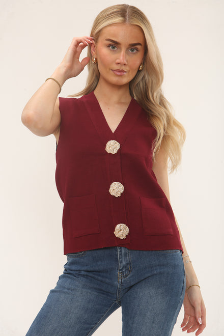 POCKET DETAIL GOLD BUTTON KNIT VEST (15247272313216) (15250122178944)