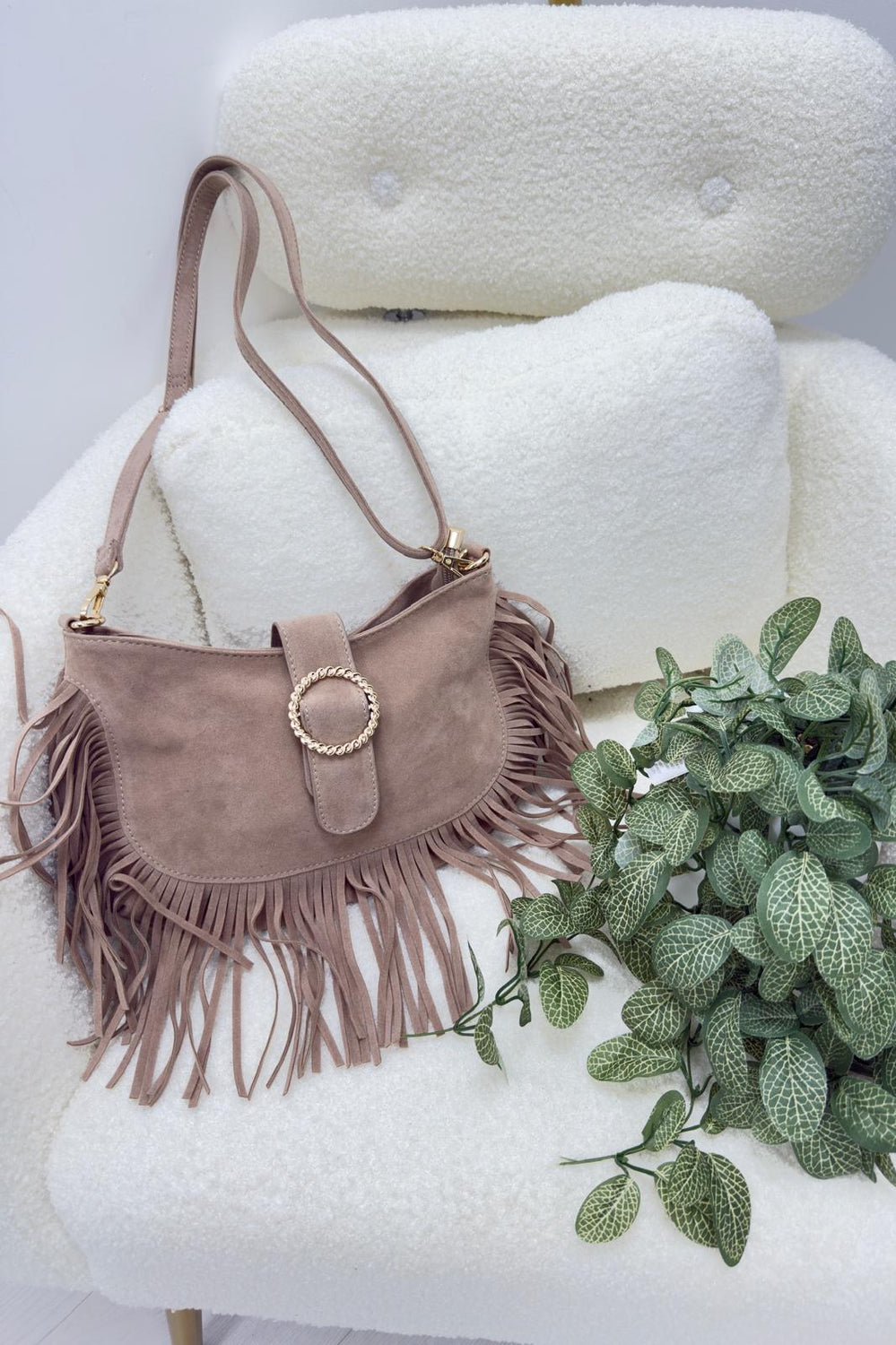 ROUND GOLD BUTTON TASSEL FAUX SUEDE BAG (15316880097664)
