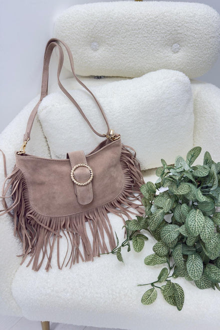 ROUND GOLD BUTTON TASSEL FAUX SUEDE BAG (15316880097664)