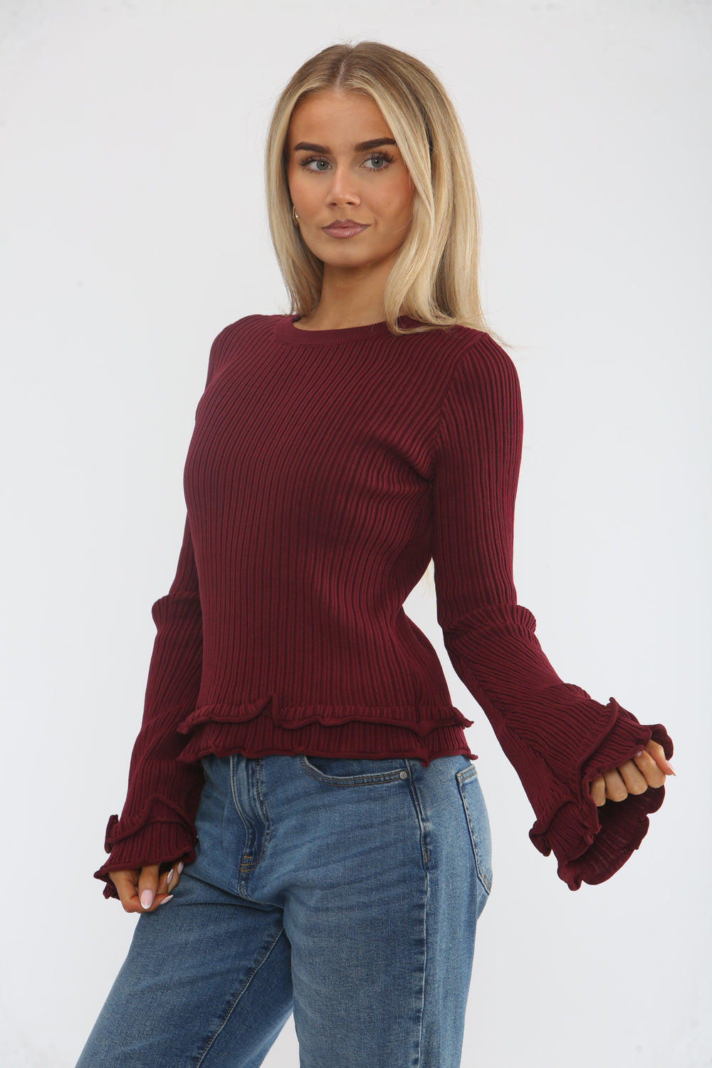 RIBBED FRILL SLEEVE JUMPER (15368204222848)