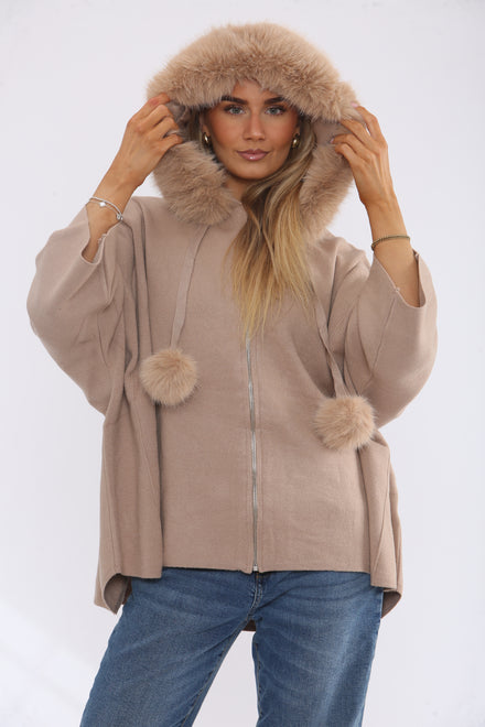 ZIP DETAIL FUR STRINGWITH FUR HOODIE (15368187543936)