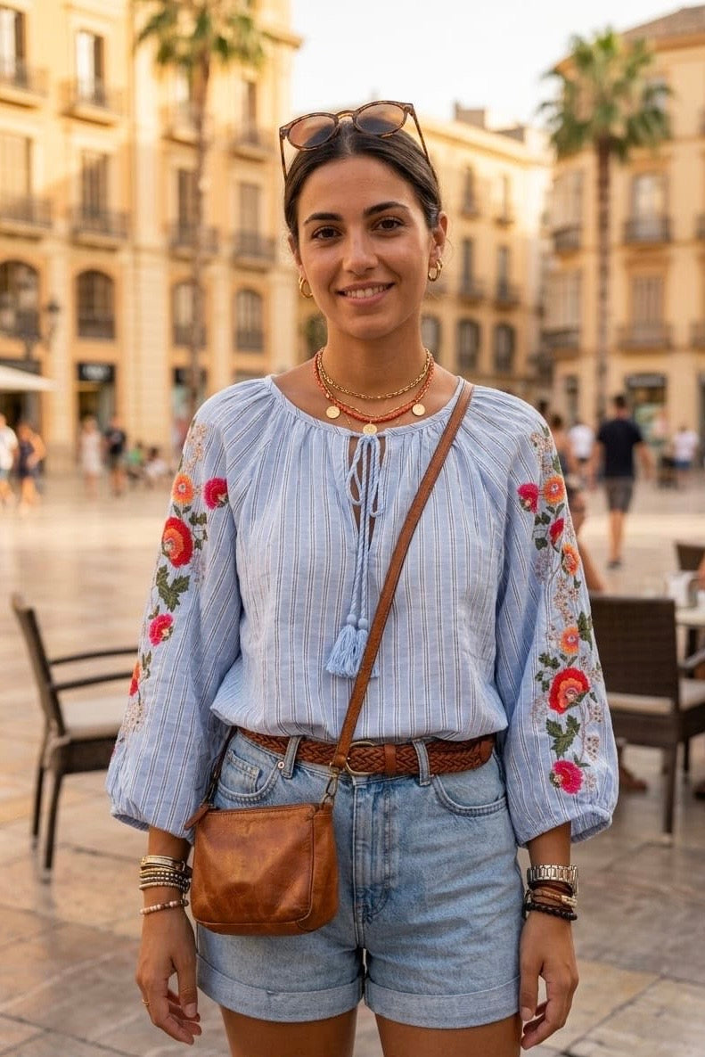 MULTI-COLORED FLORAL EMBROIDERY SLEEVE BLOUSE
