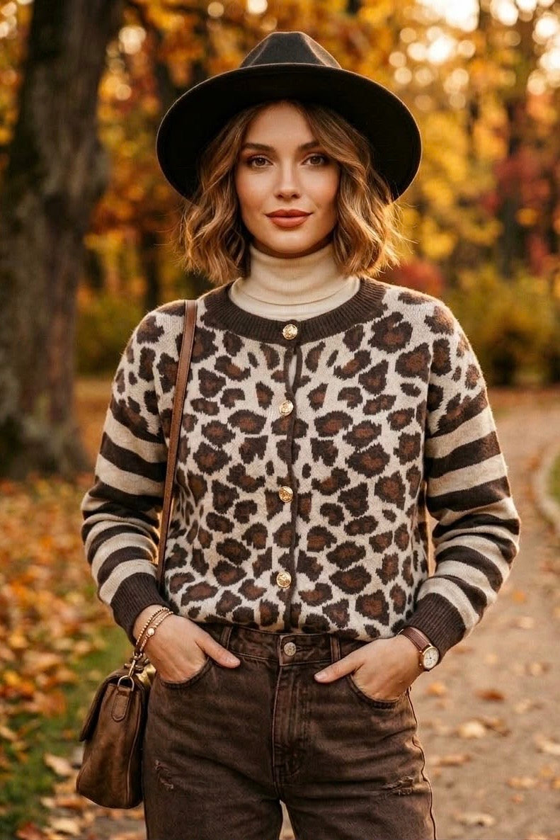 LEOPARD PRINT AND STRIPE SLEEVE CARDIGAN
