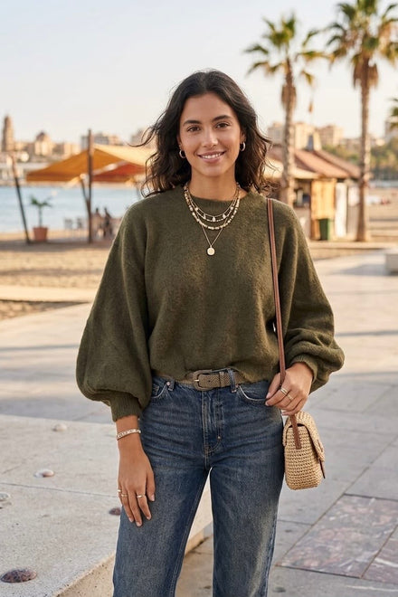 BALOON SLEEVE OVERSIZED PATTERN TRIM JUMPER