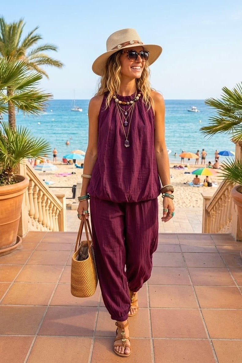 BEADS NECK DETAIL TOP LOUNGE SET