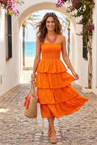 STRAPLESS TIERED MIDI DRESS